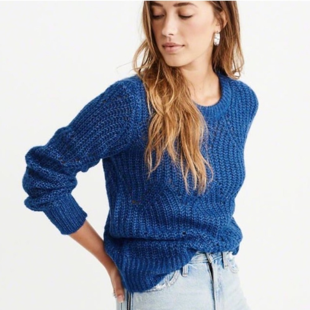 ABERCROMBIE & FITCH Lofty Puff Sleeve Crewneck Knit Royal Blue Metallic Sweater